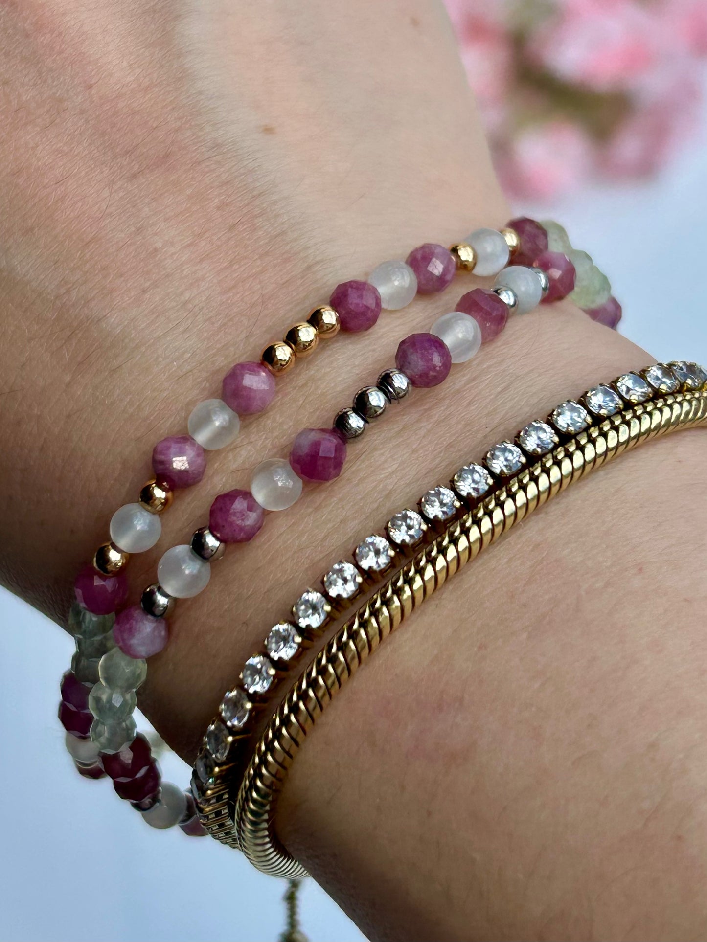 Phrenit - Pinker Turmalin - Grüner Mondstein Armband - Handmade Summer Kollektion