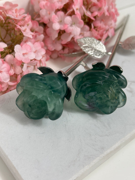 Fluorit Rose mit Metall Stiel