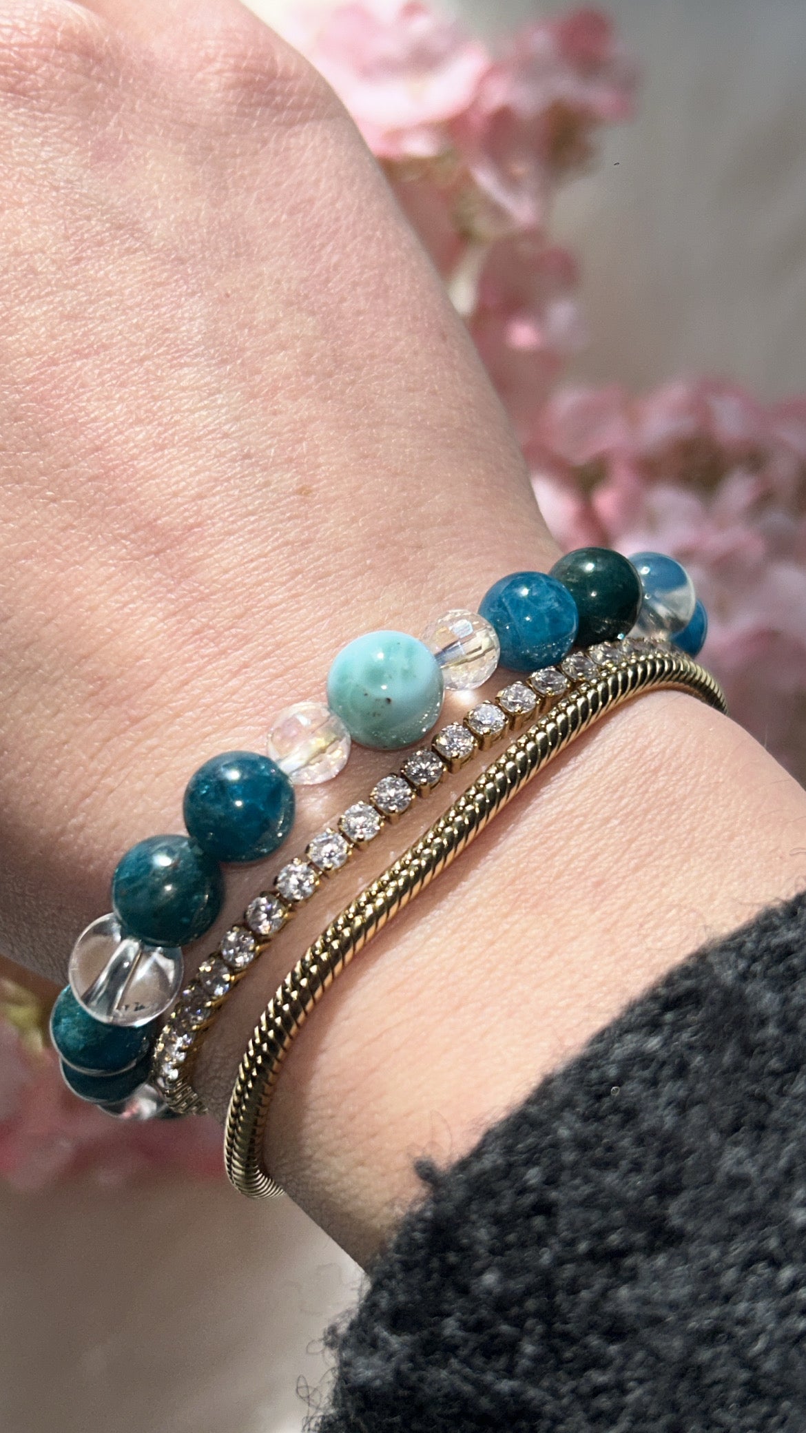 Designarmband - Larimar - Apatit. - Bergkristall